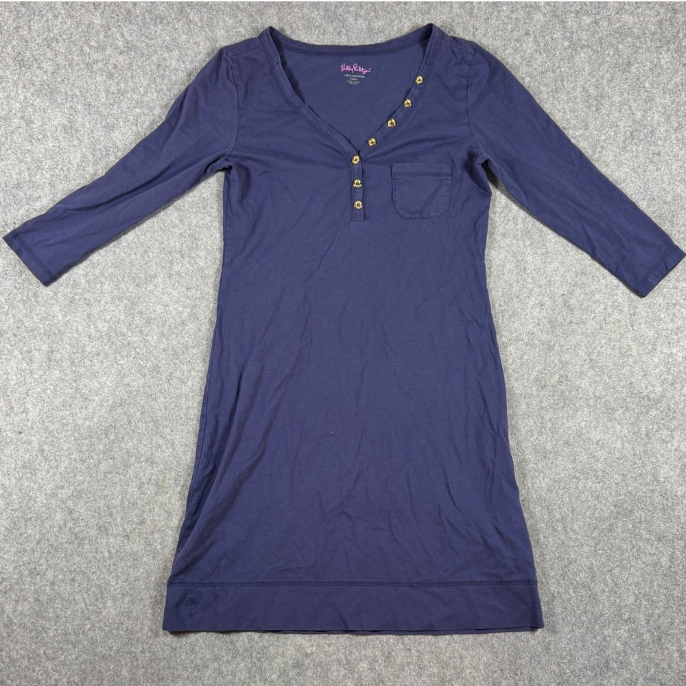 Lilly Pulitzer Dress Womens Small Blue Pima Cotton Henley 3/4 Sleeve Pocket
